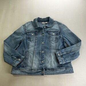 Chico's Denim Jacket Women Size 2/L Light Wash Blue Stretch Button Front Cotton